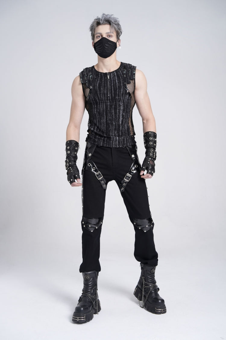 Black Sleeveless Ribbed Print Stitching Mesh Zipper Men's Gothic Vest - Product - 9