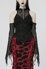 Black Off Shoulder Jacquard Hollow Stitching Lace Womens Gothic T-Shirt - Black - 1