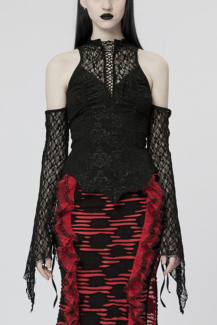 Black Off Shoulder Jacquard Hollow Stitching Lace Womens Gothic T-Shirt - Black - 1