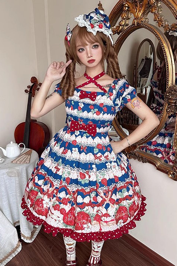 Cream Berry Fairy Red/Blue Short Sleeves Print Ruffle Bowknot Sweet Lolita Dress - Product - 3