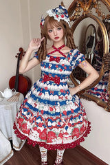 Cream Berry Fairy Red/Blue Short Sleeves Print Ruffle Bowknot Sweet Lolita Dress - Product - 3