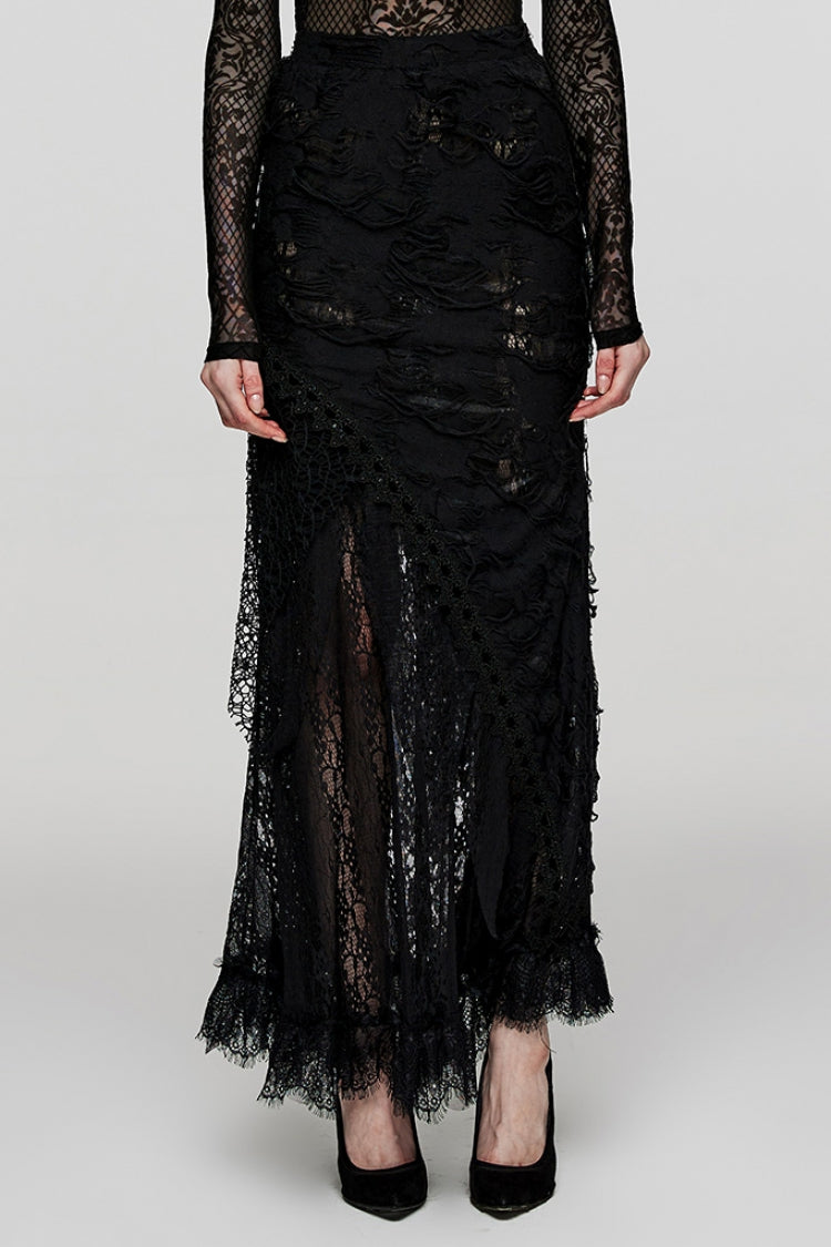 Black Stitching Lace Ripped Women's Gothic Skirt - Black - 1
