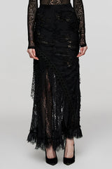 Black Stitching Lace Ripped Women's Gothic Skirt - Black - 1