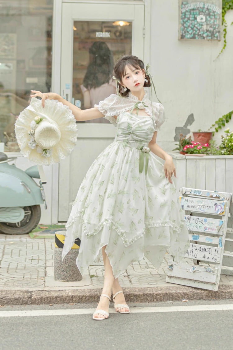 Lily of the Valley Spring Short Sleeves Jacquard Print Bowknot Irregular Sweet Lolita Jsk Dress - Product - 4