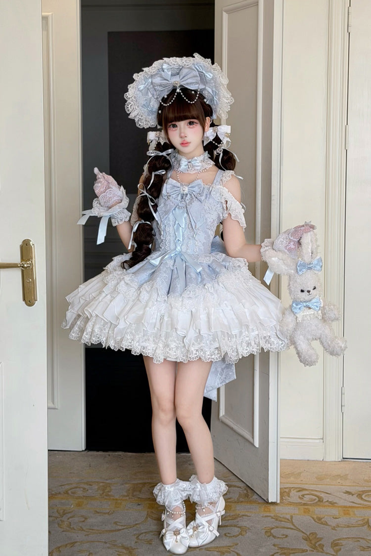 Blue [Pearl Ballet] Square Collar Sleeveless Multi-Layered Ruffled Bow Lace-Up Pearl-Decorated Sweet Ballet Lolita Jsk Dress - Product - 8