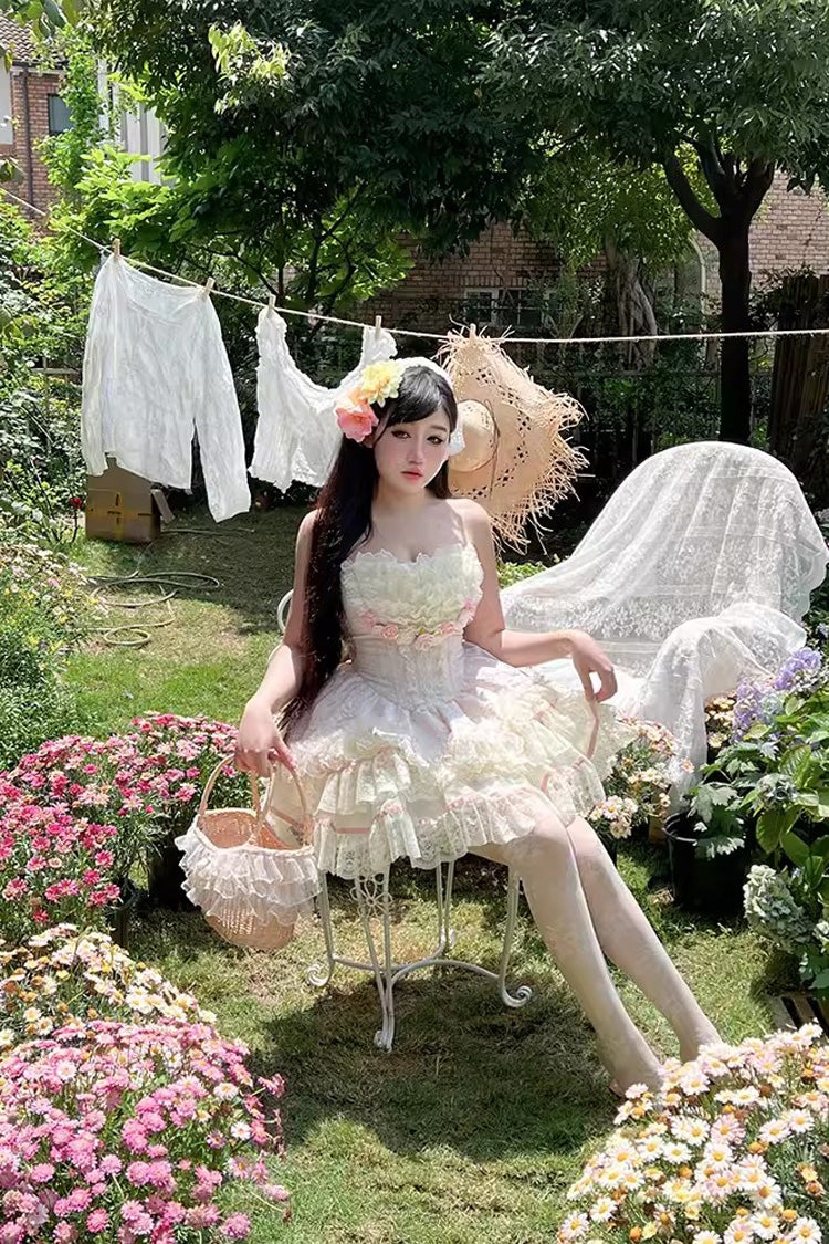 Pink Flower Goddess of Love Ruffle Bowknot Lace Sweet Elegant Lolita Skirt Dress Set - Product - 5