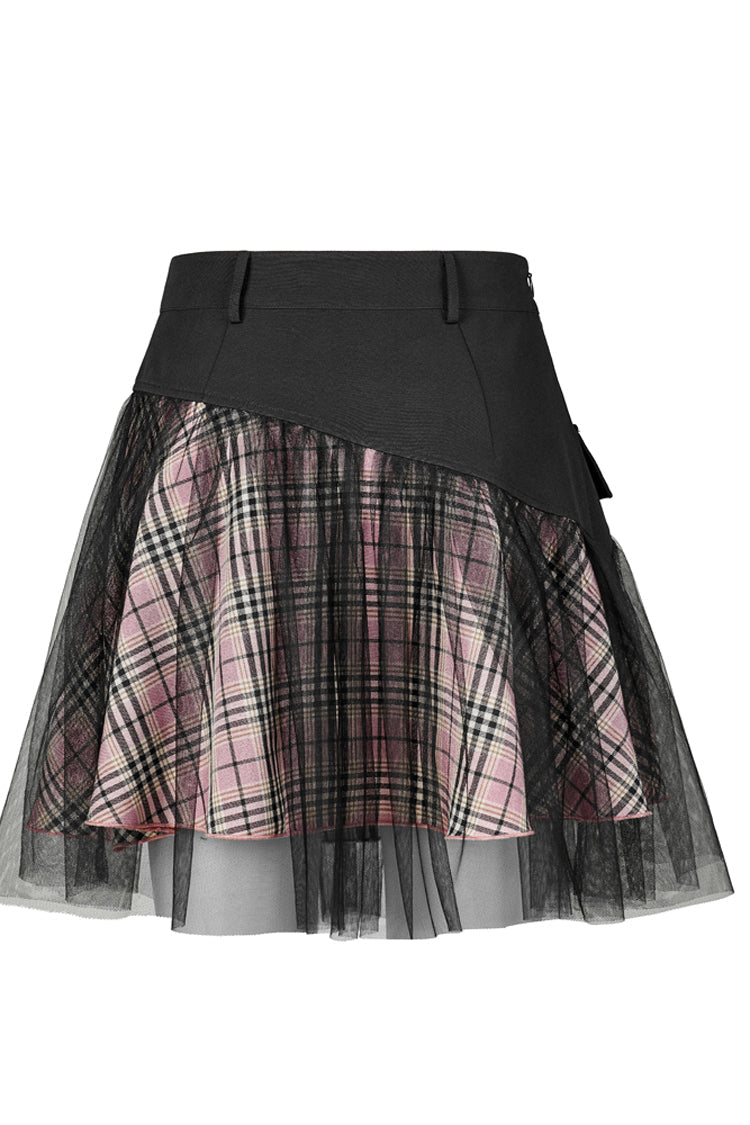 Pink/Black Cotton Splicing Mesh Sweet Plaid Personalized Pocket Decoration Waist Punk Women's Short Skirt - Product - 5