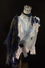White/Blue [Royal Knight] Stand Collar Long Sleeves Gothic Vintage Cool Lolita Set - Product - 2