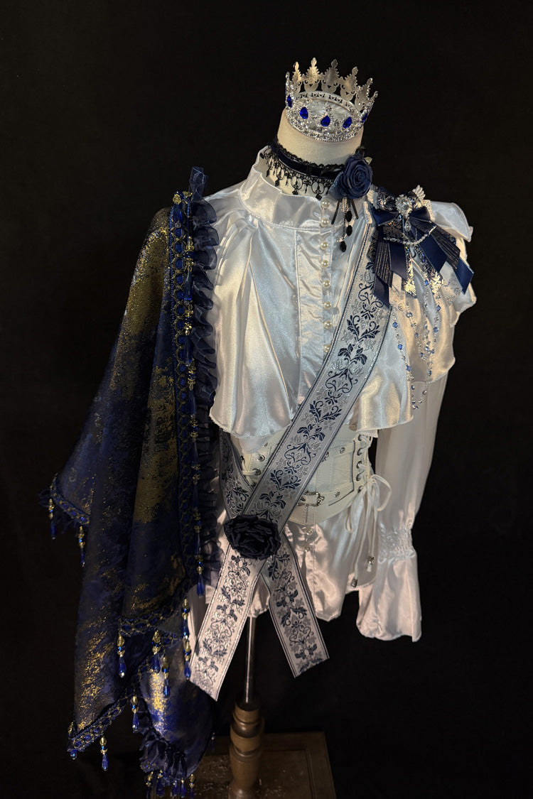 White/Blue [Royal Knight] Stand Collar Long Sleeves Gothic Vintage Cool Lolita Set - Product - 2