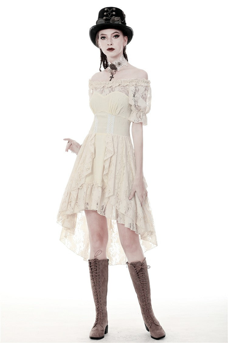 Beige Ruffled Off Shoulder Short Sleeves Ruched Women's Steampunk Vintage Gorgeous Graduation Dress - Beige - 1
