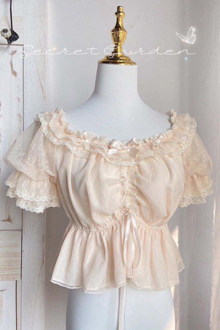 [Cream Point] Short Sleeves Embroidery Bowknot Lace Sweet Lolita Blouse - Ivory - 1