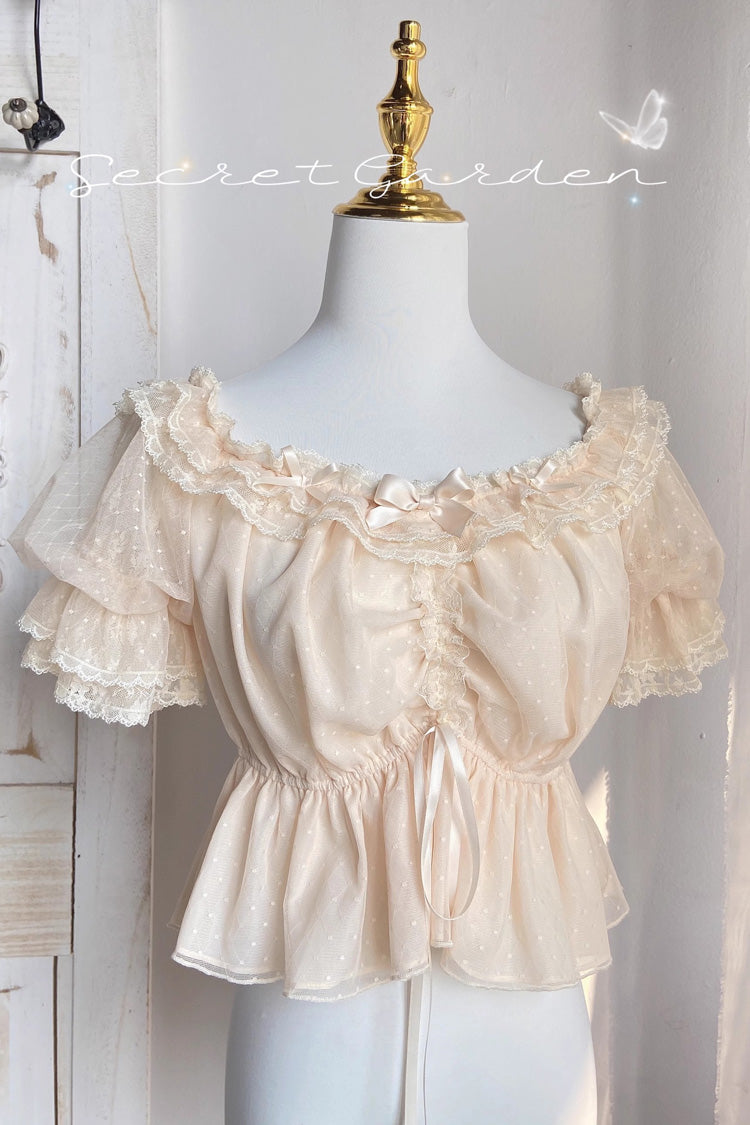 [Cream Point] Short Sleeves Embroidery Bowknot Lace Sweet Lolita Blouse - Ivory - 1