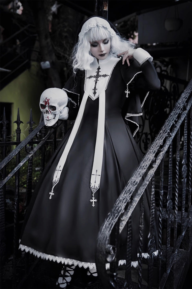 Black [Nun] Long Sleeves Print Stitching Lace Gothic Elegant Lolita Dress - Product - 7