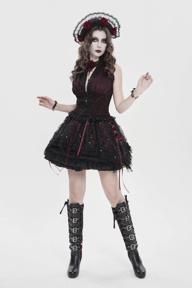 Black/Red Off Shoulder Double-Layered Embroidered Lace Lace-Up Slim Women's Gothic Vest - Product - 6