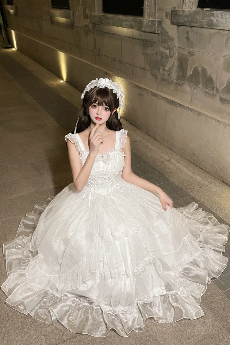 White [Moonlight Sonata] Ruffle Cardigan Bowknot Lace Sweet Vintage Lolita Jsk Dress - Product - 5