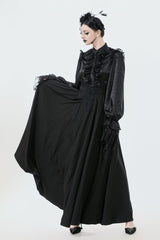 Black Embroidered Lace Trim Pleated Women's Gothic Maxi Skirt - Product - 8