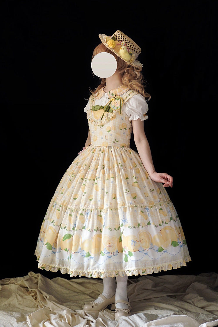 Yellow [Lemon Chicken] Print Ruffle Bowknot Lace Sweet Lolita Jsk Long Dress - Product - 4