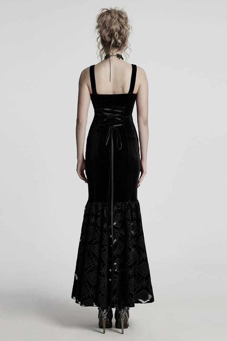 Black Sleeveless Floral Embroidery Women's Gothic Fishtail Slip Dress - Product - 3