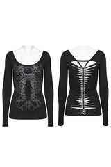 Black Long Sleeves Skeleton Print Women's Gothic T-Shirt - Product - 5