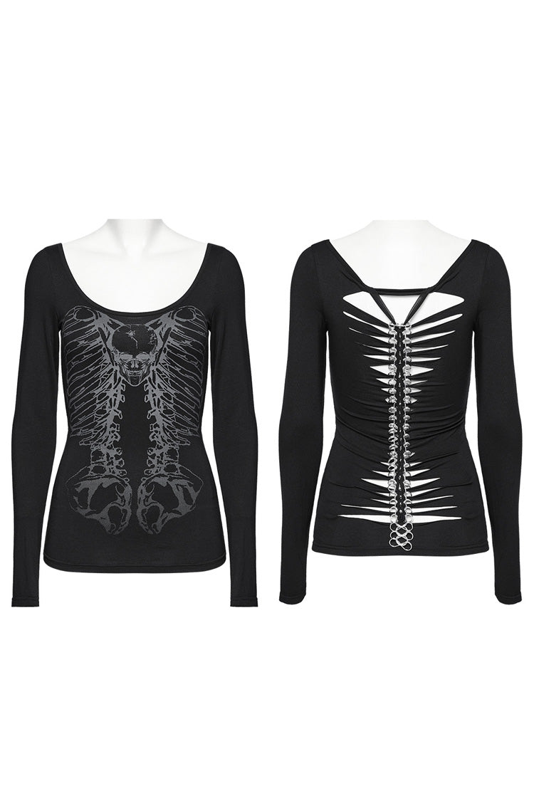 Black Long Sleeves Skeleton Print Women's Gothic T-Shirt - Product - 5