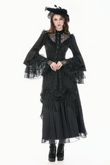 Black Stand Collar Long Trumpet Sleeves Multi-Layered Ruffled Lace Patchwork Lace-Up Women's Victorian Gothic Blouse - Product - 10
