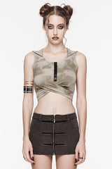 Black/Coffee Sleeveless Cutout Crossed Hooded Women's Punk Tank Top - Black/Coffee - 1