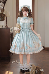 Blue [Underwater Concert] Round Collar Short Sleeves Printed Ruffled Bow Sweet Lolita Dress - Blue - 1