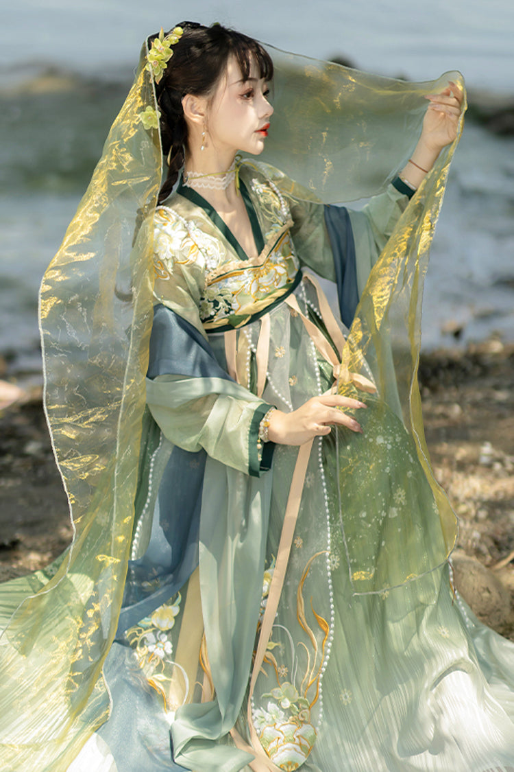 Multi-Color Chinese Style Embroidery High Waisted Hanfu Dress Full Set - Product - 5