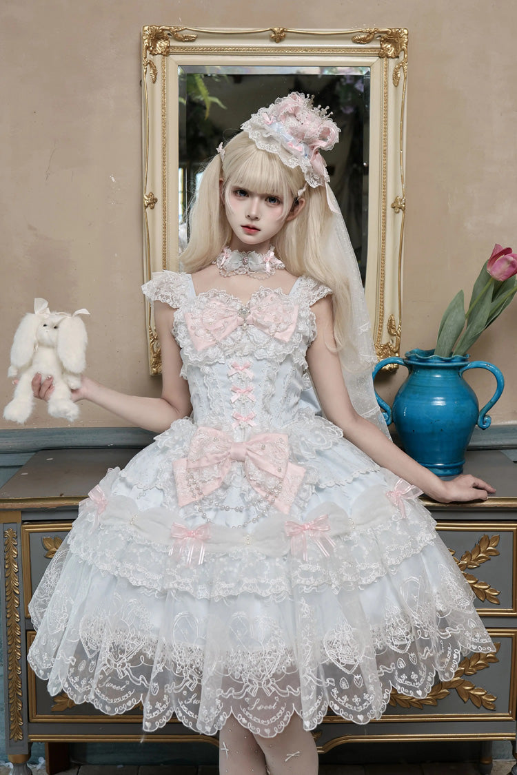 Blue [Bunny Dream Letter] Square Collar Flutter Sleeves Jacquard Ruffled Bow Lace Sweet Princess Balletcore Lolita Jsk Dress - Blue - 1