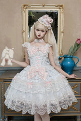 Blue [Bunny Dream Letter] Square Collar Flutter Sleeves Jacquard Ruffled Bow Lace Sweet Princess Balletcore Lolita Jsk Dress - Blue - 1
