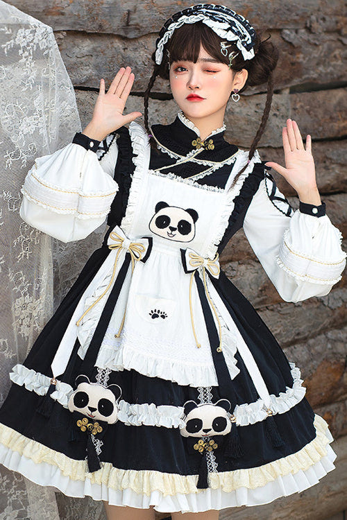 Black/White High Neck Lantern Sleeves Multi-Layer Ruffled Panda Bun Shop Sweet Lolita Op Dress - Product - 3