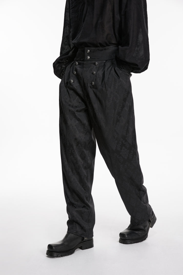 Black Floral Jacquard Men's Gothic Gorgeous Double-breasted Pants - Product - 6