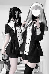 Black/White [Offbeat Confession] Long Short Sleeves Printed Ruffled Bow Gothic Jirai Kei Japanese Dress and Shorts Set - Product - 2