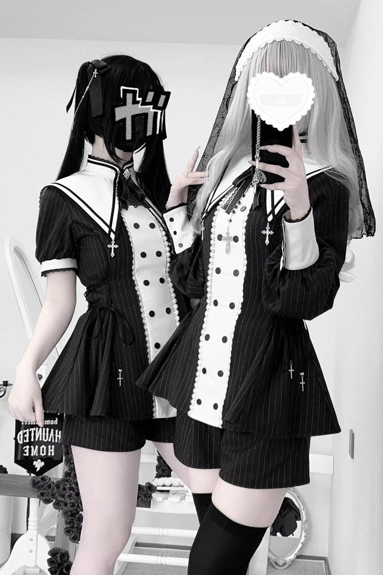 Black/White [Offbeat Confession] Long Short Sleeves Printed Ruffled Bow Gothic Jirai Kei Japanese Dress and Shorts Set - Product - 2