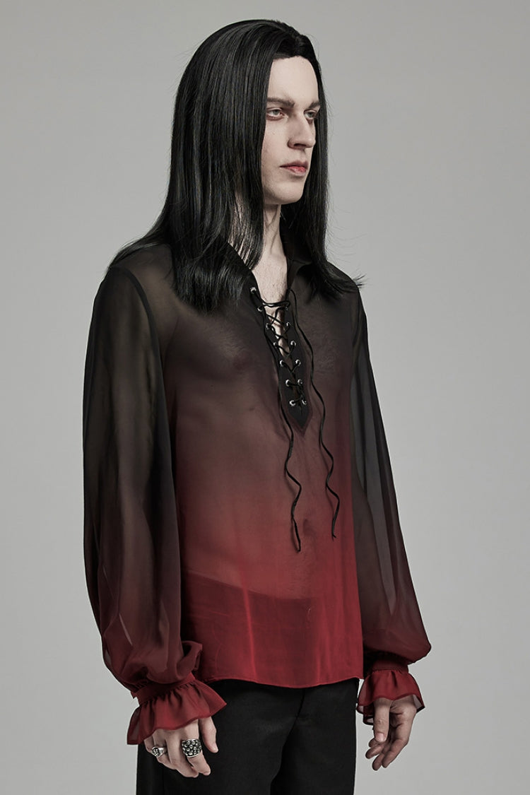 Black/Red Lapel Collar Gradient Sheer Men's Gothic Blouse - Product - 2