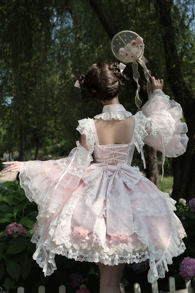Pink [Spring Entwined with Cherry Clouds] Short Sleeves Embroidered Bow Lace Sweet Chinese Style Lolita Dress - Product - 9