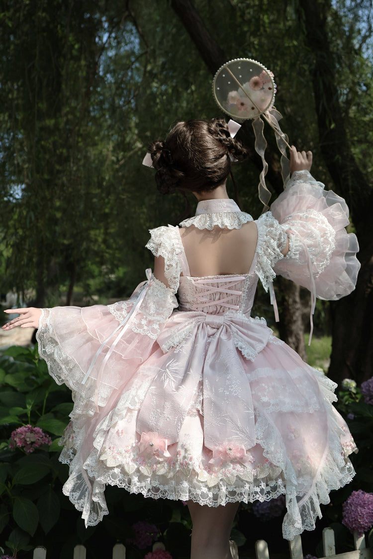 Pink [Spring Entwined with Cherry Clouds] Short Sleeves Embroidered Bow Lace Sweet Chinese Style Lolita Dress - Product - 9