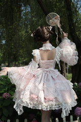Pink [Spring Entwined with Cherry Clouds] Short Sleeves Embroidered Bow Lace Sweet Chinese Style Lolita Dress - Product - 9