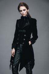 Black Embroidered High Collar Dovetail Velveteen Womens Gothic Coat - Product - 4