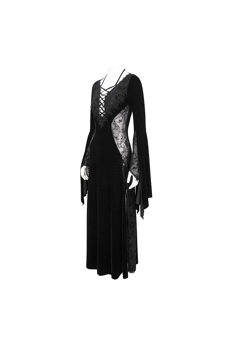 Black Velvet Mesh Splice Long Women's Gothic Dress - Product - 7