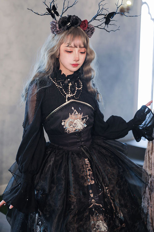 Black God's Salvation Lace Ruffled Gothic Lolita JSK Strapless Dress - Product - 3