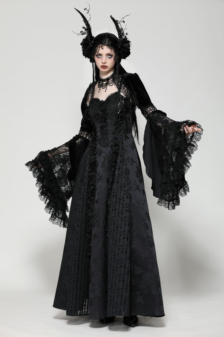 Black Long Puff Flared Sleeves Ruffled Lace Spliced Velvet Women's Gothic Cape - Product - 6