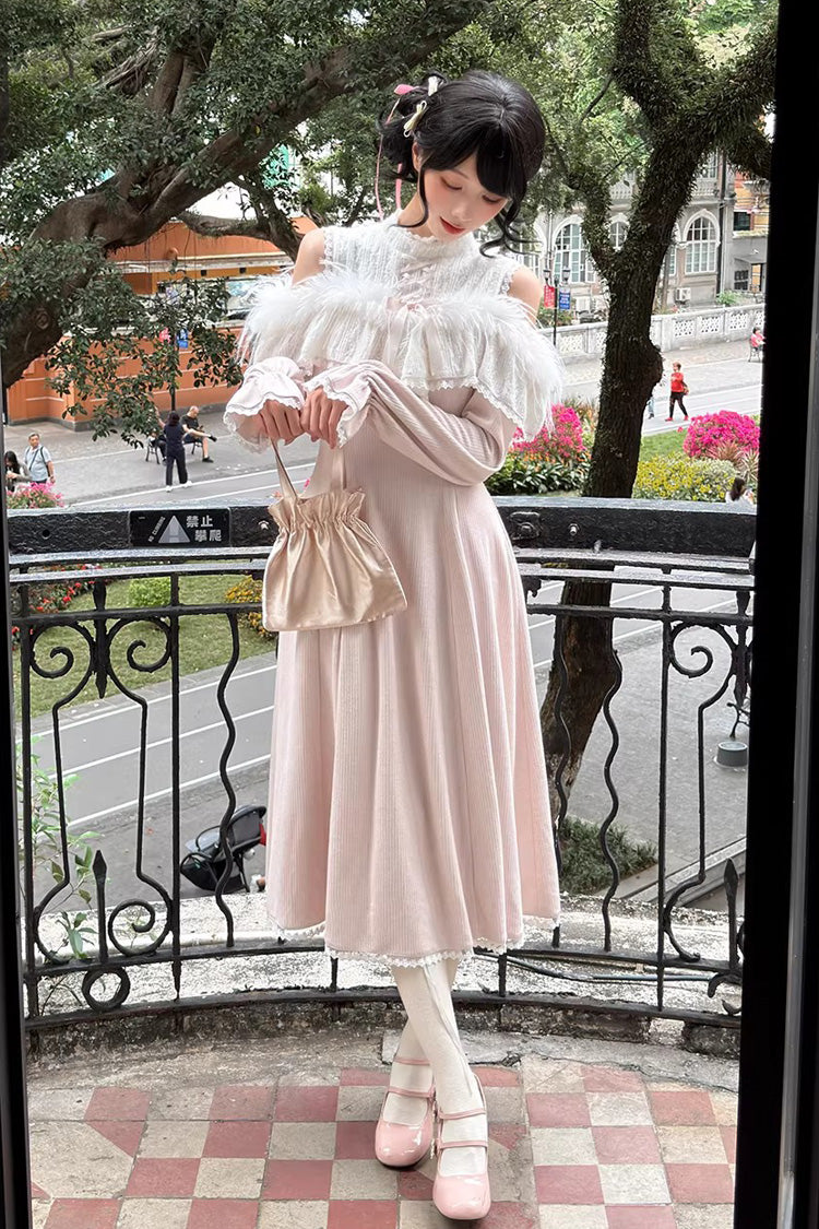 Pink [Little Love Song] Stand Collar Off Shoulder Long Sleeves Lace Sweet Japanese Elegant Lolita Long Dress - Product - 4