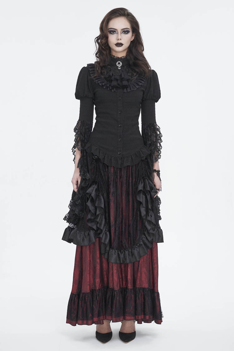 Black Stand Collar Trumpet Sleeves Ruffle Embroidery Lace Women's Gothic Blouse - Product - 2