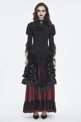 Black Stand Collar Trumpet Sleeves Ruffle Embroidery Lace Women's Gothic Blouse - Product - 2
