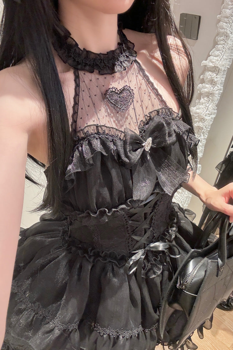 Black Halterneck Triple-Layered Bowknot Lace Gothic Lolita Jsk Dress - Product - 3