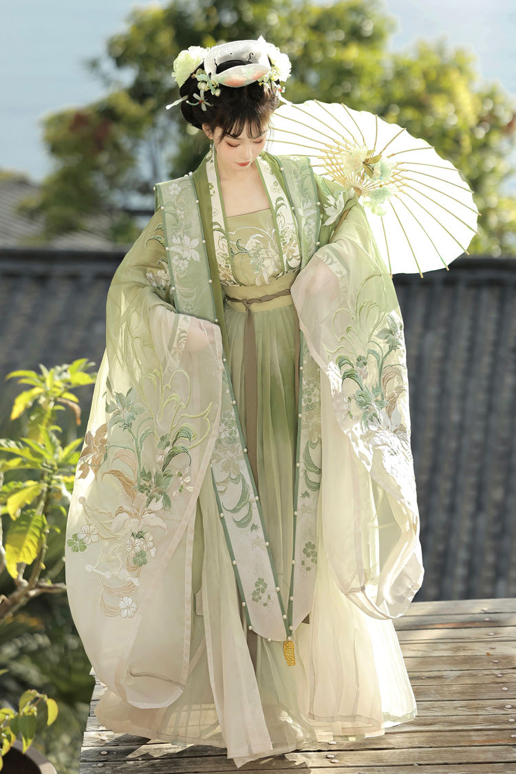 Green [Silent Spring Mountains] Song Dynasty Ruffle Elaborate Embroidery Sweet Chinese Style Hanfu Dress Full Set - Product - 2