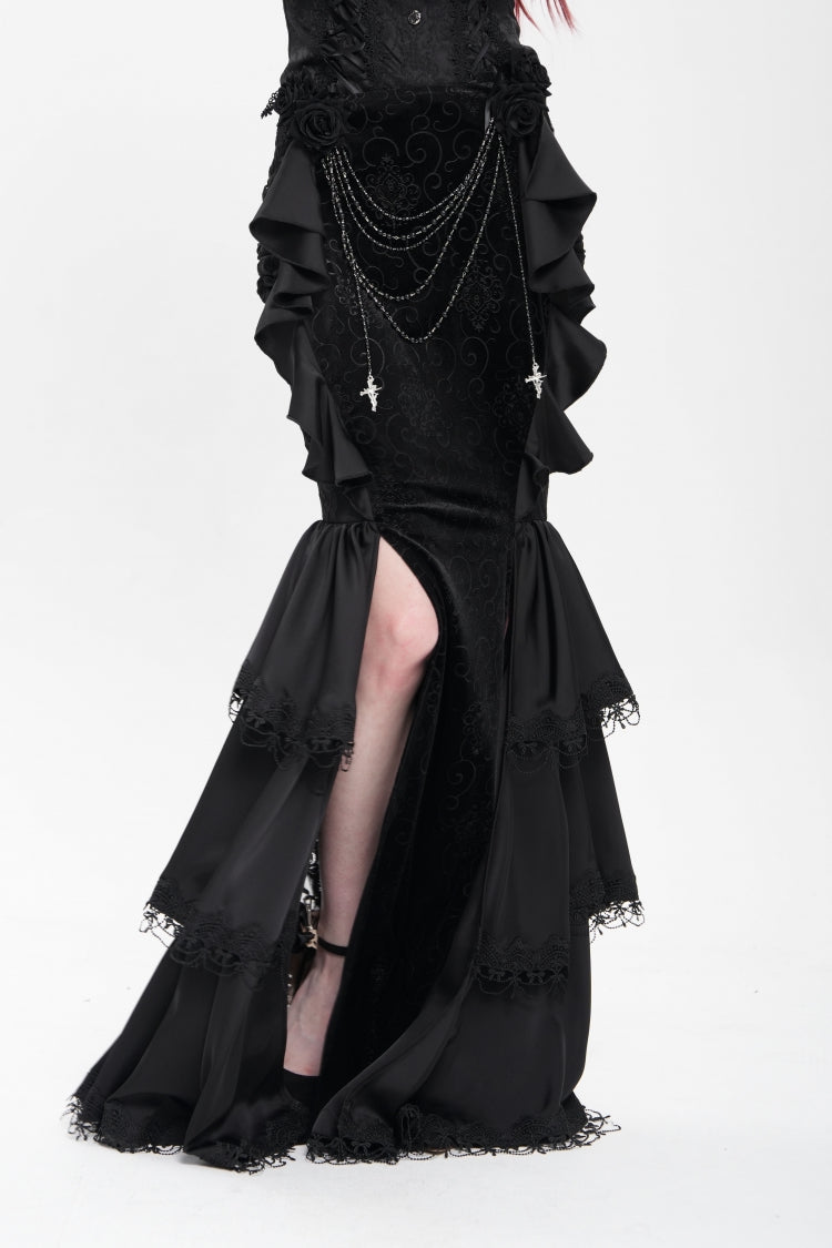 Black Floral Print Lace-Up Rose Chain Women's Gothic Fishtail Skirt - Product - 6