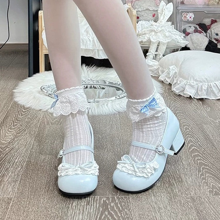 Blue Bow Lace Mid-Heel Round-Toe Sweet Lolita Mary Jane Shoes - Product - 2