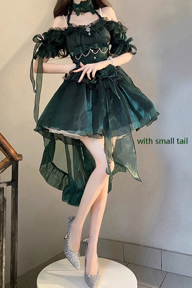 Green Midsummer Dream Short Sleeves Ruffle Hanayome Off-The-Shoulder Gothic Short Lolita Dress - Product - 5